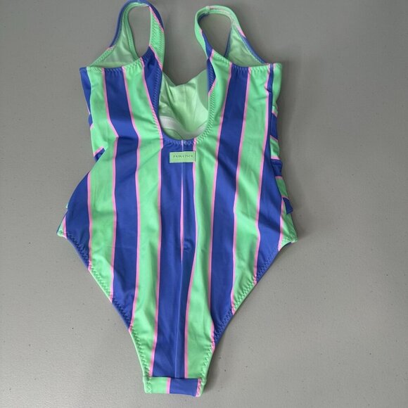 Fabletics Scoop Tie Back One Piece Swimsuit Small Stripe Green Purple - Picture 2 of 11
